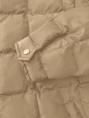 Camel quilted bomber jacket detail with snap cuff and pocket