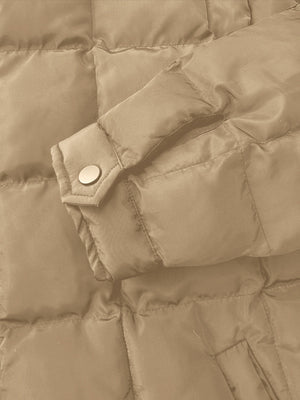 Camel quilted bomber jacket detail with snap cuff and pocket