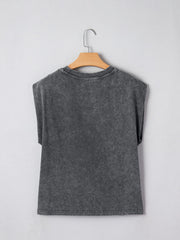 Dark gray acid-washed cotton tank top with a distressed graphic.