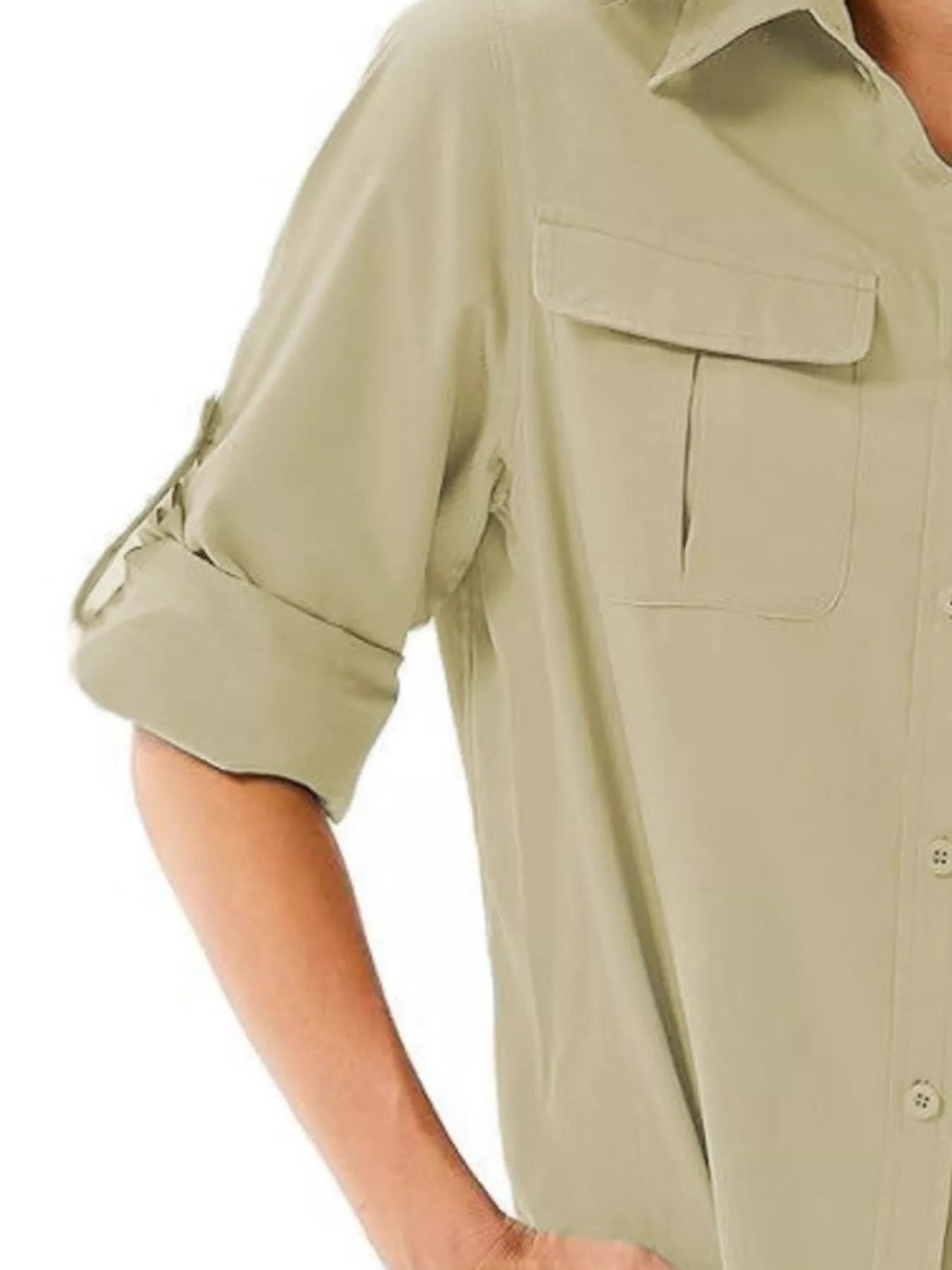 Sage button-up shirt with roll-up sleeves and chest pockets