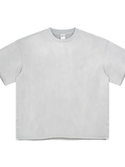 Raw edge boxy t-shirt in light gray with crew neck and short sleeves.
