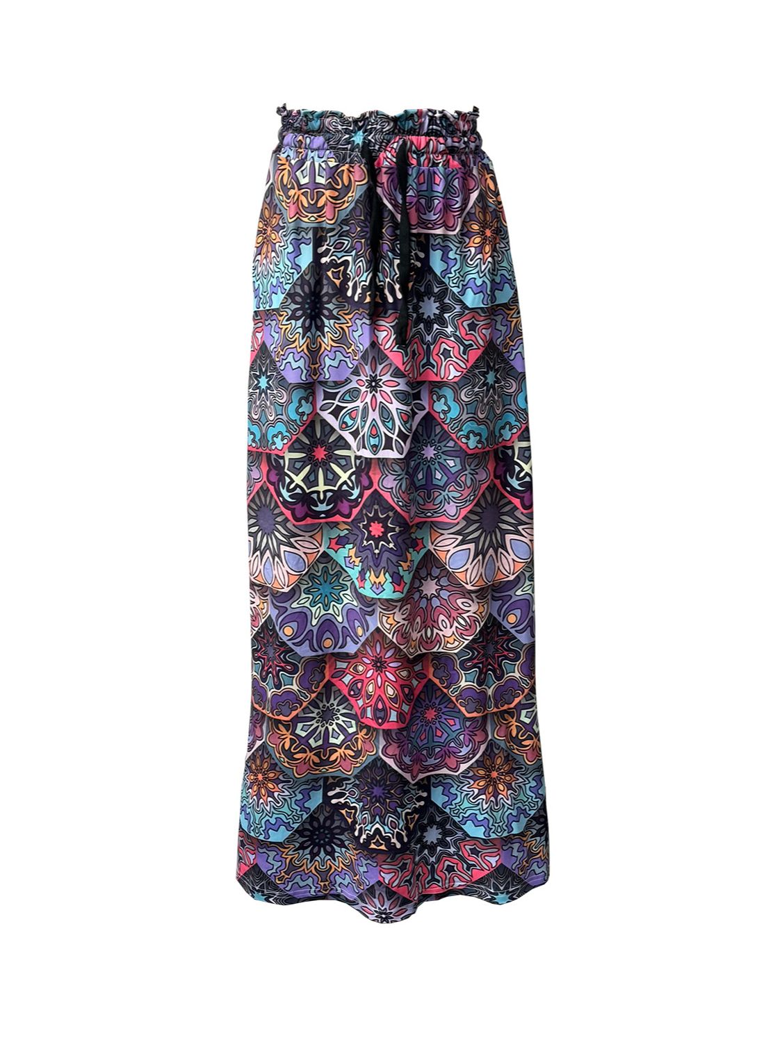 Maxi skirt with multicolor mandala print, drawstring waist, and pockets.