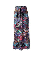Maxi skirt with multicolor mandala print, drawstring waist, and pockets.