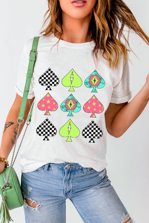 White graphic tee with checkerboard, lightning bolt, and star spade patterns.