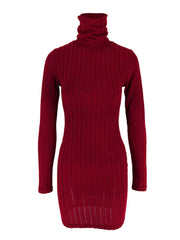 Red ribbed turtleneck bodycon mini dress with long sleeves.