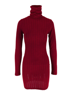 Red ribbed turtleneck bodycon mini dress with long sleeves.