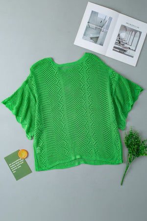 Green open-knit chevron sleeve top with a relaxed fit and short, flared sleeves.