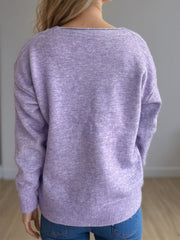 Relaxed-fit V-neck knit sweater in Pink Purple with ribbed hem and cuffs.