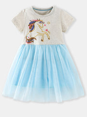 Toddler blue tulle dress with sequin unicorn embroidery on grey top.