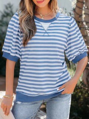 Blue and white striped t-shirt with bubble sleeves and crew neck