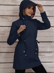 Navy blue hooded trench coat with drawstring waist and plaid lining.