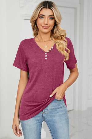 Button-placket henley tee in maroon with a V-neck and short sleeves.