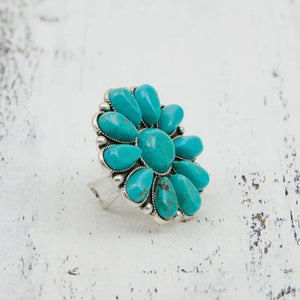Turquoise blossom statement ring with artificial turquoise stones and silver alloy band.