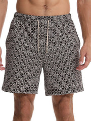 Geometric print boardshorts in black with a drawstring waist.