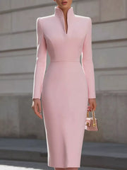 High Neck Long Sleeve Slit Dress in Dark Blue, close-up detail