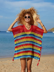 Rainbow stripe crochet beach poncho with V-neck and tie sides.