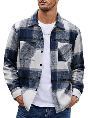Men's blue and white plaid button-up shirt with pockets and a collared neckline.