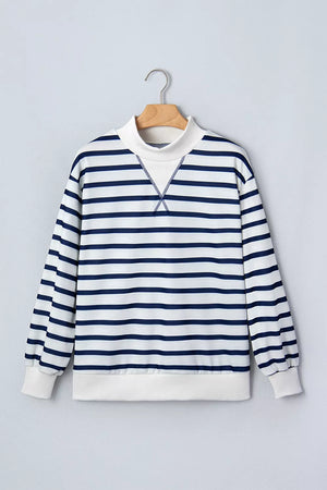 Striped Stand Neck Long Sleeve Sweatshirt in Stripe, model styling view