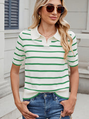 Green and white striped knit polo top with short sleeves and a collar.