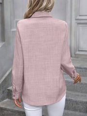 Linen-blend button-down shirt in Dusty Pink with a textured weave and button cuffs.
