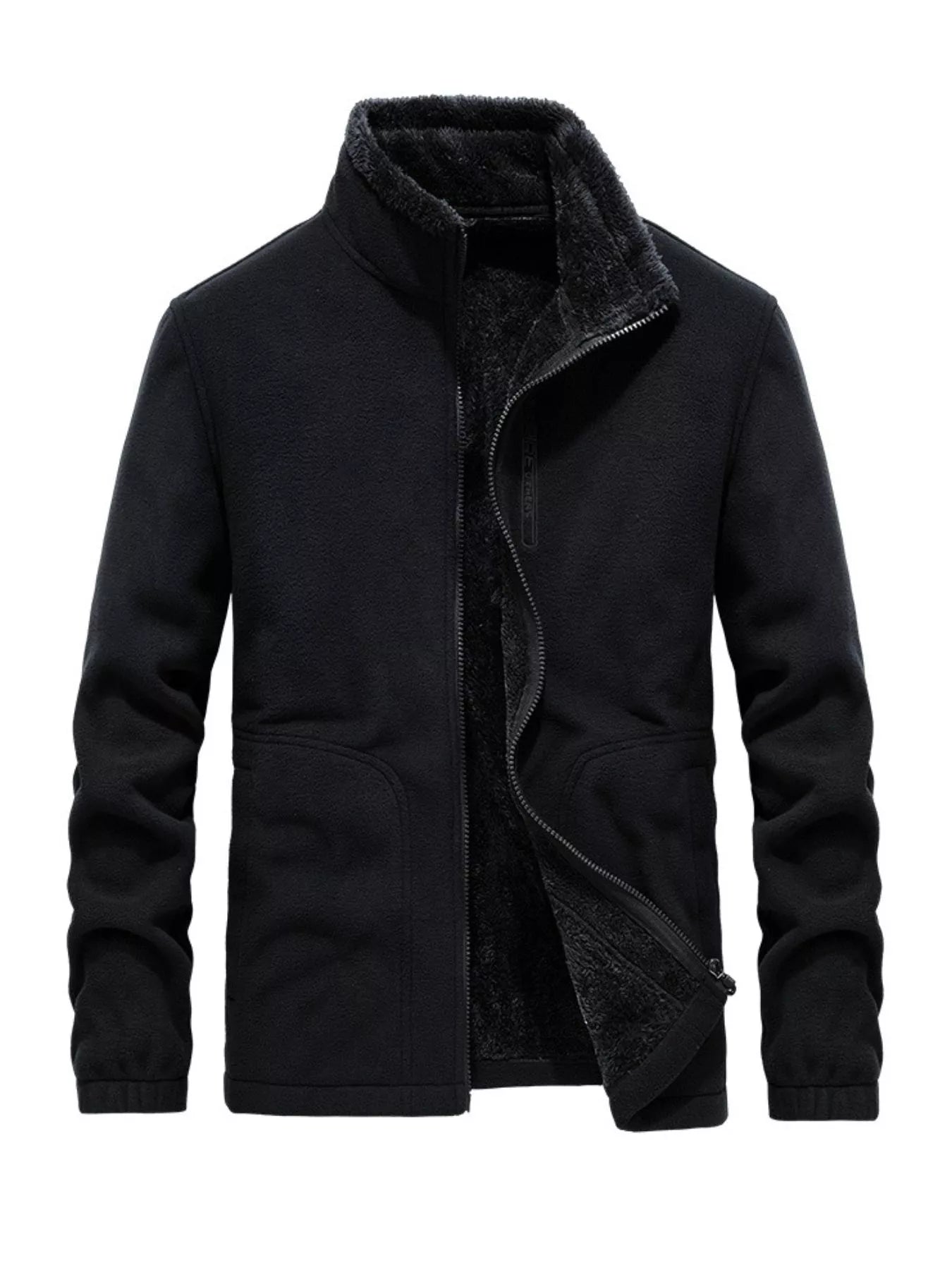 Black fleece lined full zip jacket with stand collar and visible zipper detail.