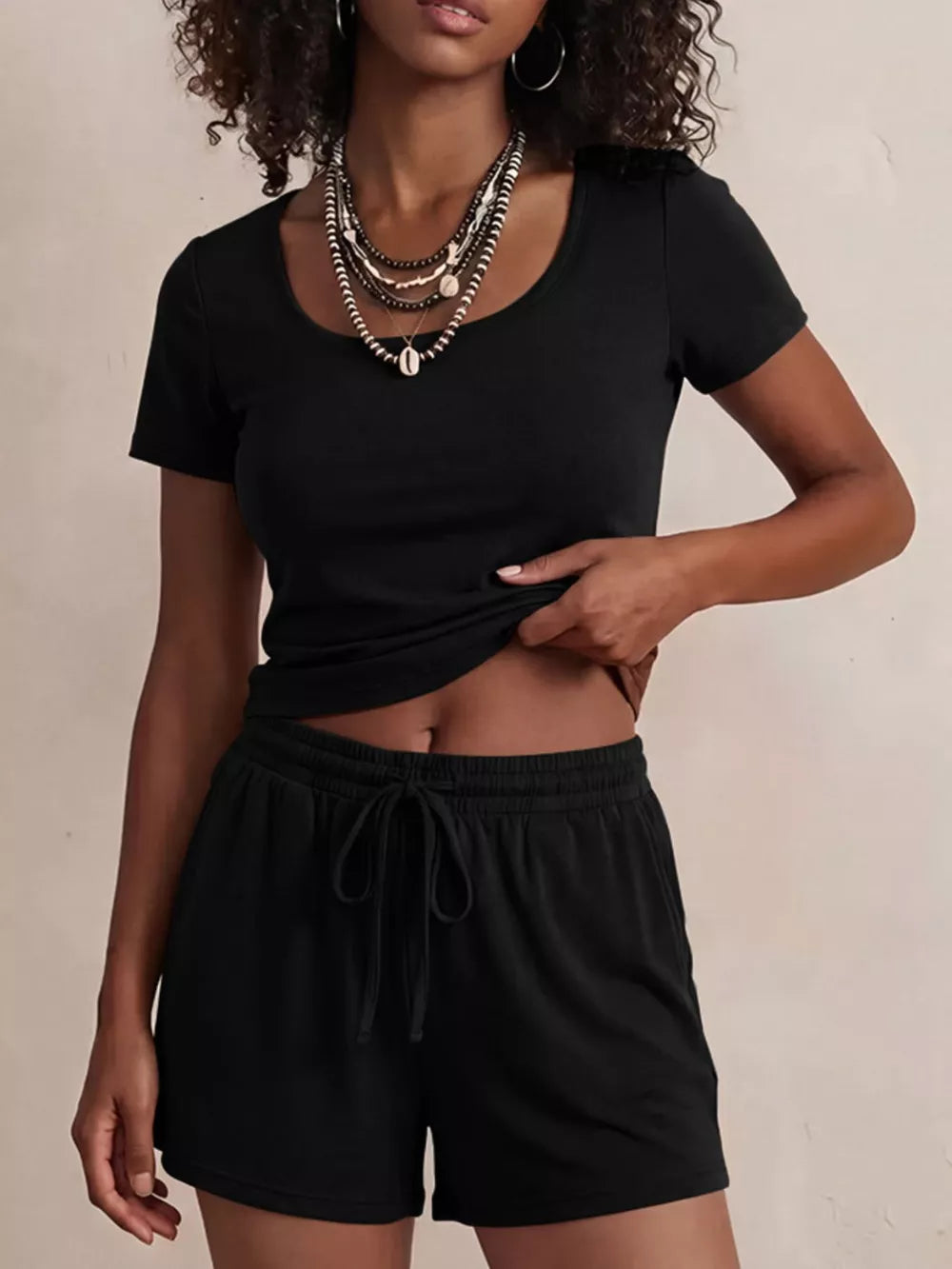 Black scoop-neck tee and drawstring shorts set