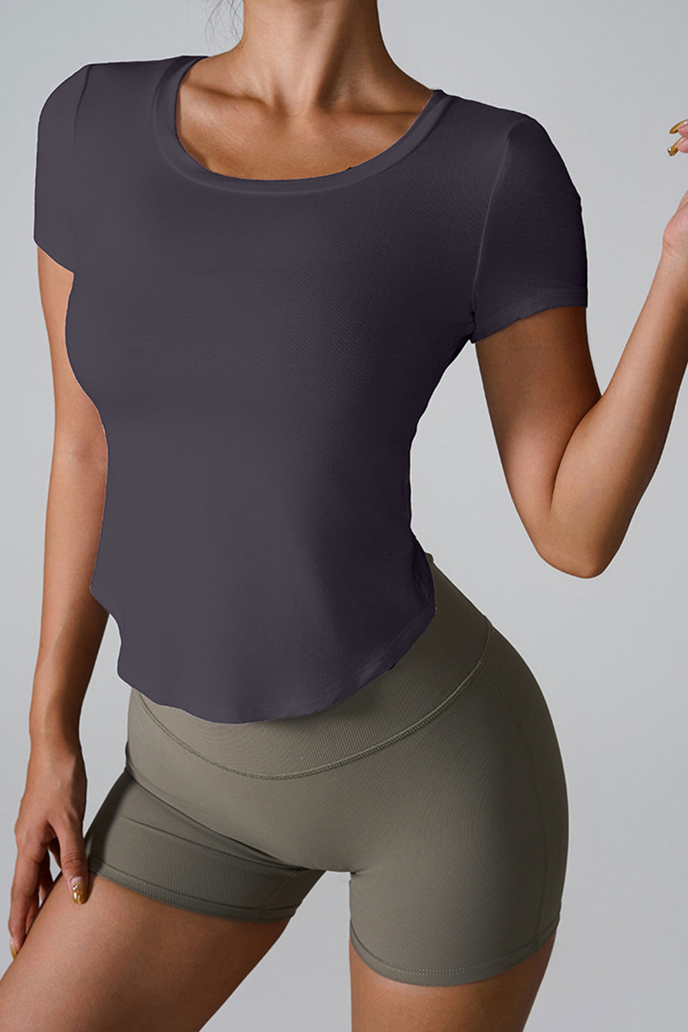 Dark Gray Twisted Back Active Tee with short sleeves and scoop neck.