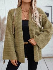 Chunky knit open front cardigan in moss with wide sleeves and a relaxed fit.