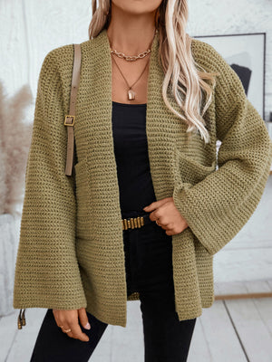 Chunky knit open front cardigan in moss with wide sleeves and a relaxed fit.