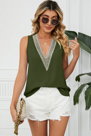 Dark Green V-neck tank top with lace trim detail.