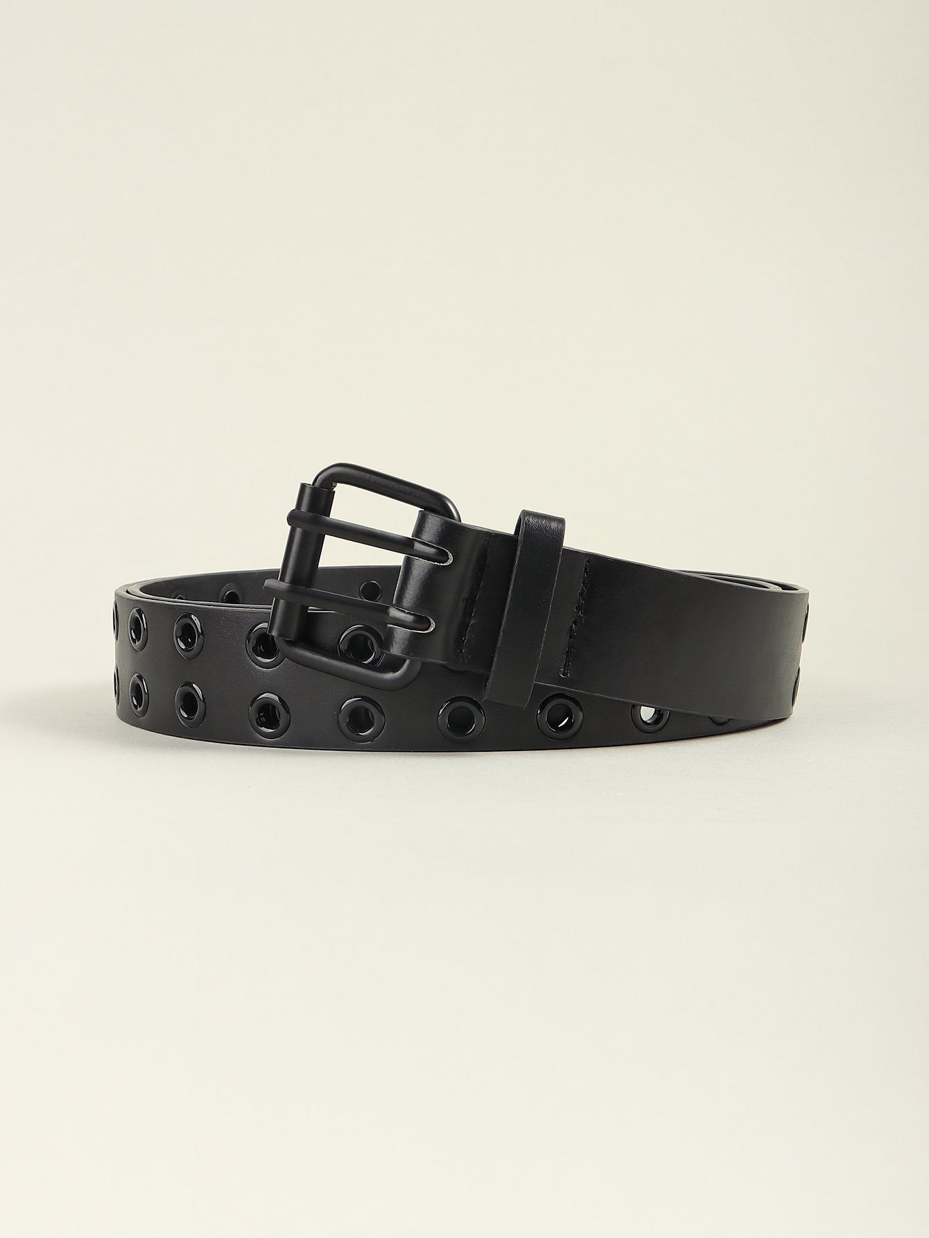Black vegan leather belt with double grommets and a matte black buckle.