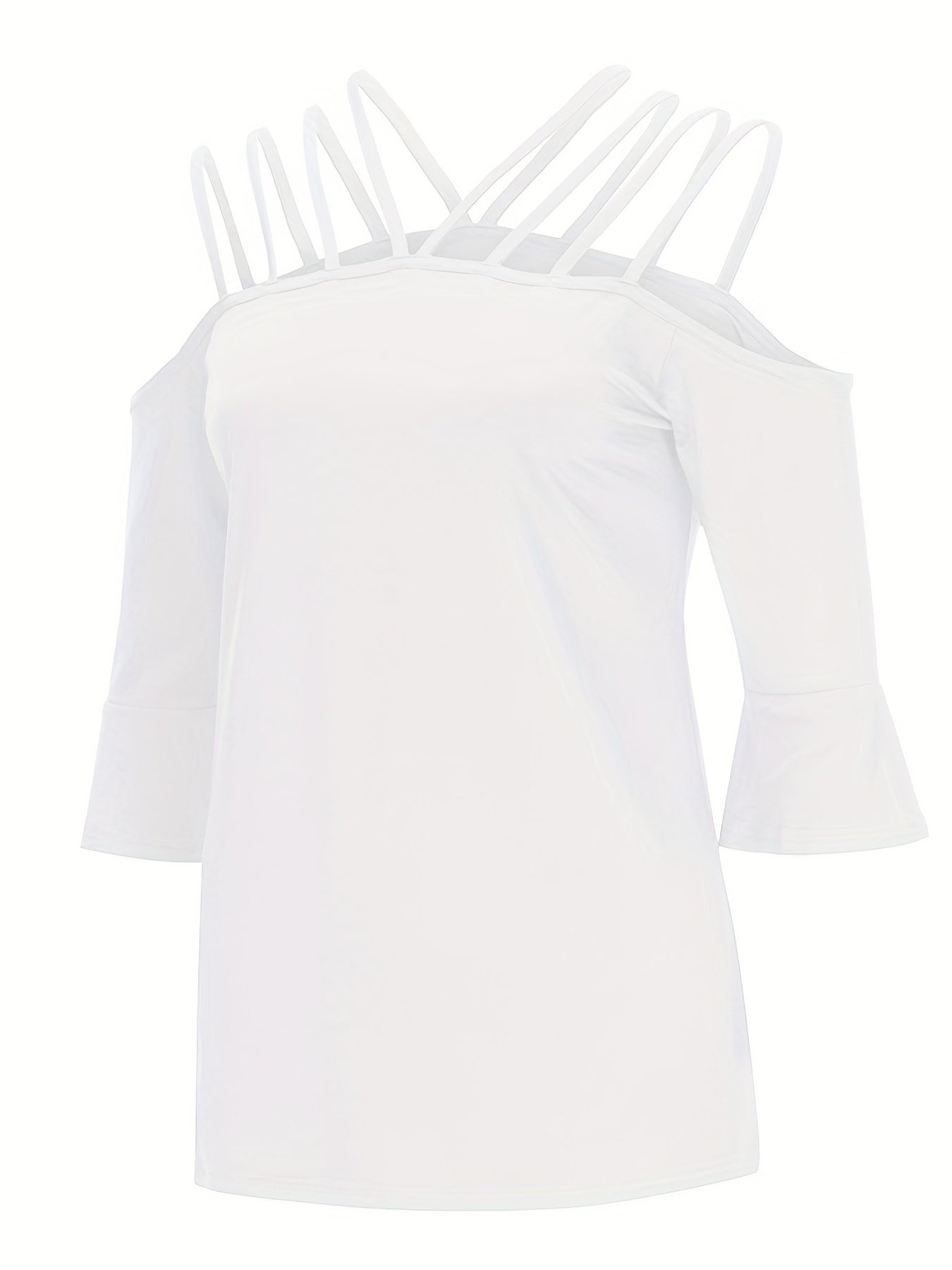 White blouson top with strappy cold shoulder neckline and flared 3/4 sleeves.