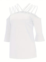 White blouson top with strappy cold shoulder neckline and flared 3/4 sleeves.