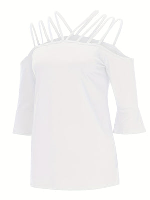 White blouson top with strappy cold shoulder neckline and flared 3/4 sleeves.