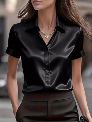 Satin Short-sleeve Shirt in White, model styling view