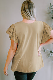 Khaki eyelet flutter sleeve tee with round neckline.