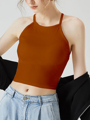 Caramel ribbed racerback crop top with halter neckline.