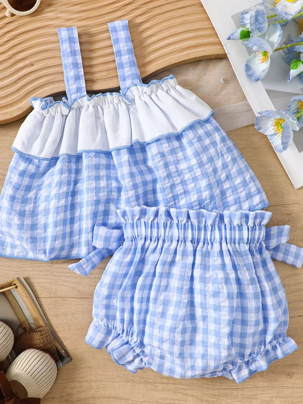 Blue gingham cotton cami and shorts set with ruffles and bows