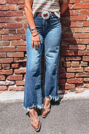 High Waist Frayed Hem Flare Jeans, close-up detail