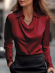 Burgundy satin cowl neck long-sleeve blouse with a collar.