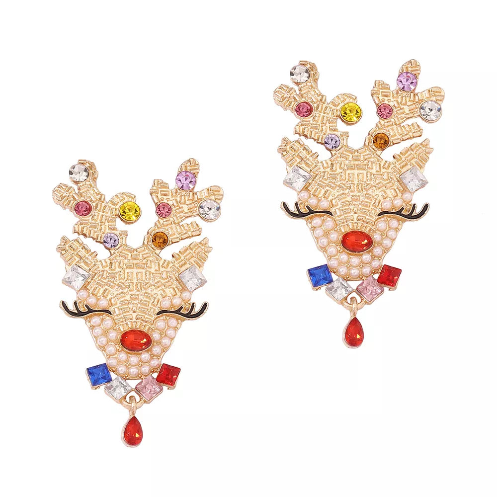 Festive reindeer earrings with gold tone, pearls, and colorful rhinestones.