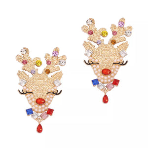Festive reindeer earrings with gold tone, pearls, and colorful rhinestones.