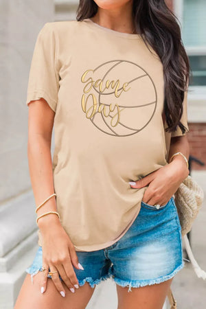 Beige cotton t-shirt with a graphic basketball and gold text that says Game Day