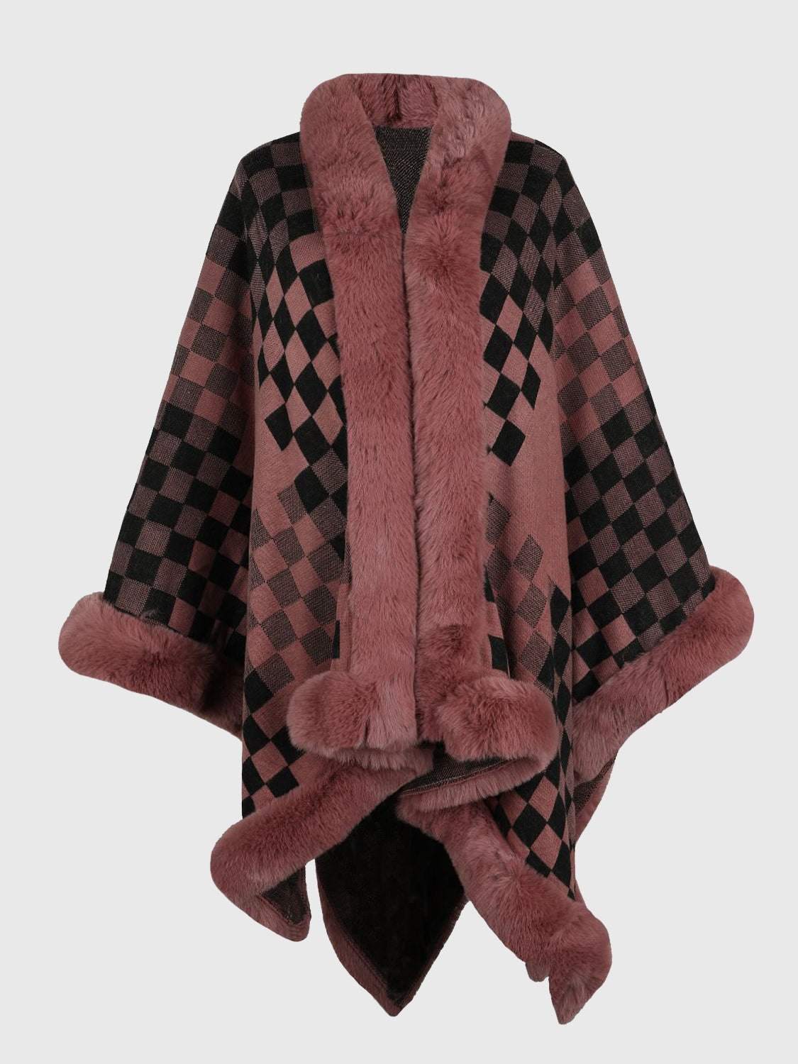 Burnt coral diamond checkered poncho with faux fur trim and pom-poms.