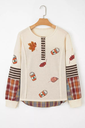 Sequin Autumn Leaf Coffee Cup Waffle Knit Top in Beige, back view