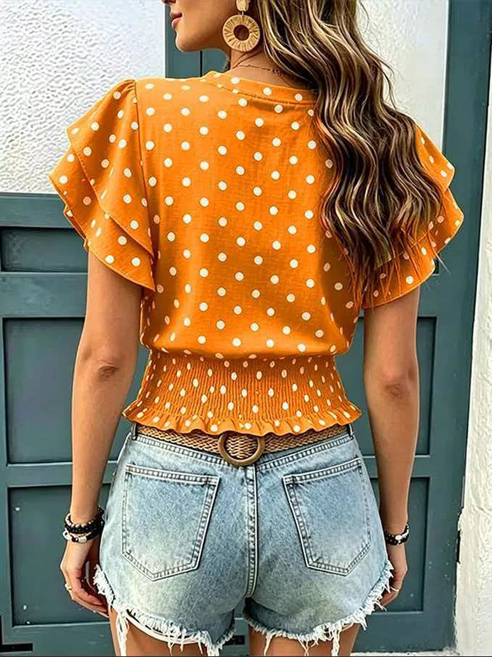 Polka Dot Ruffle Sleeve Blouse, fit detail