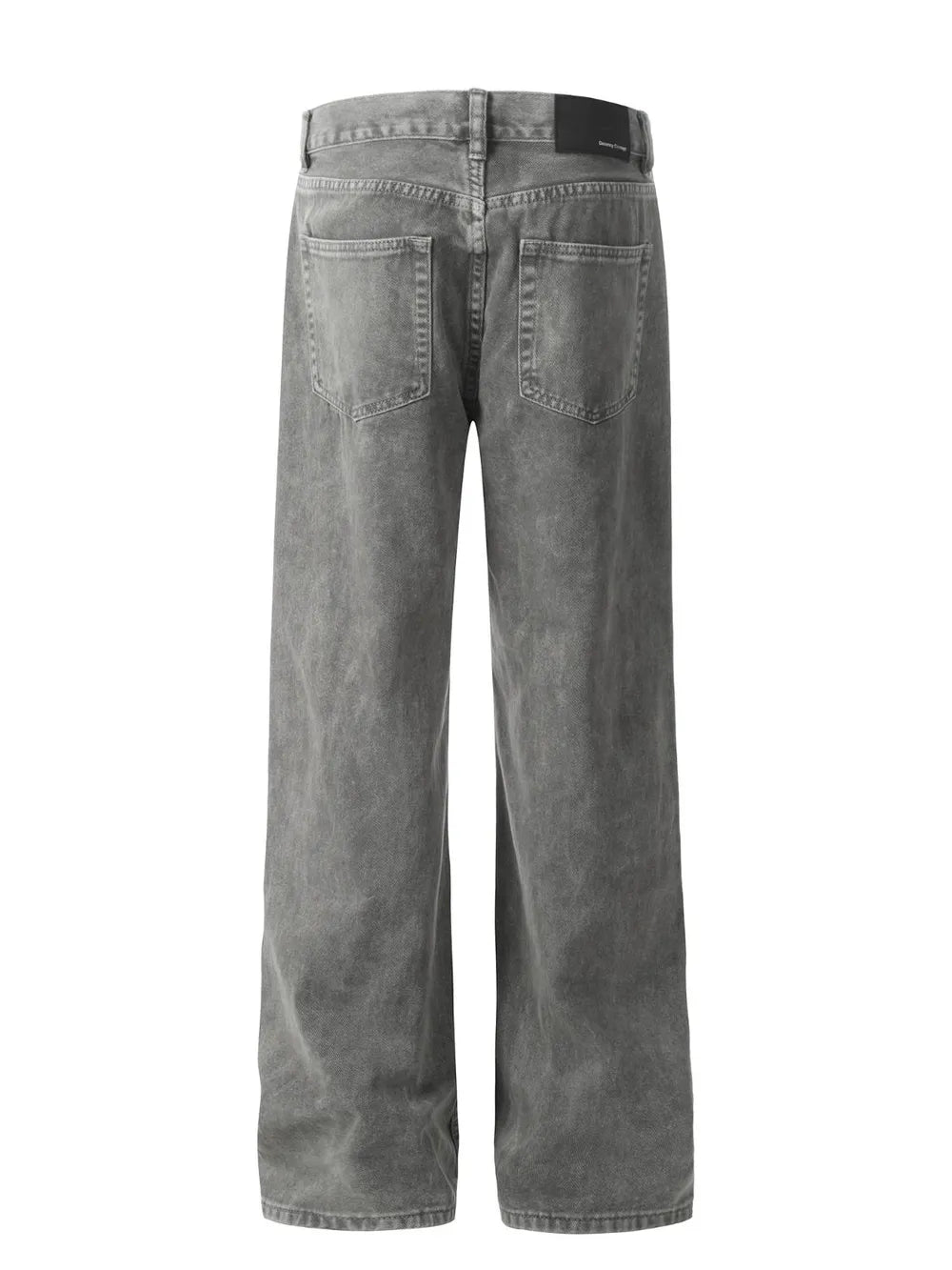 Acid wash wide-leg denim trousers in gray, showing back pockets and relaxed fit.