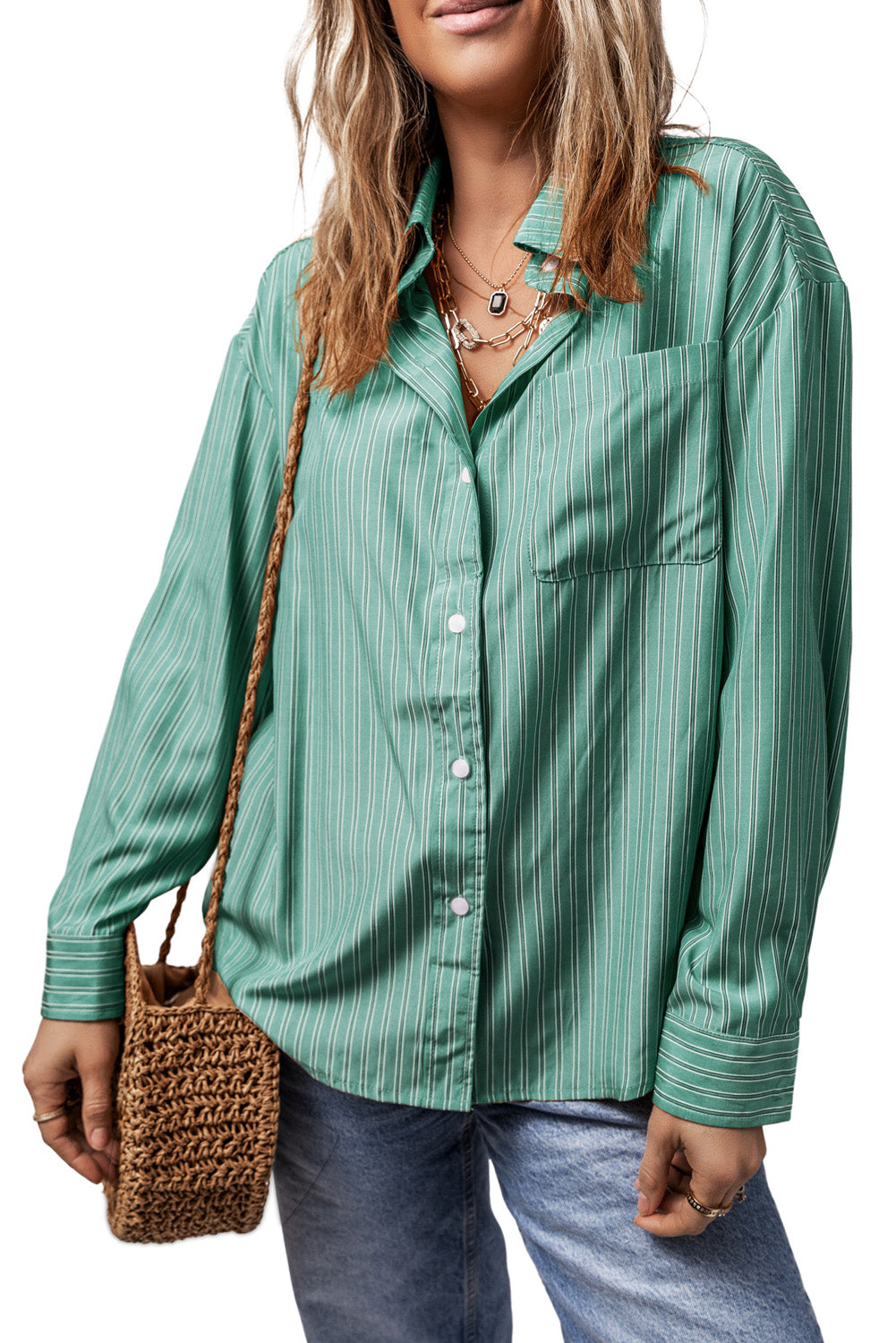 Oversized Sage Stripe Oxford Shirt with button front and chest pocket.