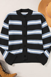 Black knit cardigan with horizontal blue and white stripes, button front, crew neck.