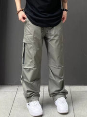 Men's Gray Green Relaxed Fit Cargo Sweatpants with ankle drawstring and zippered pocket detail.
